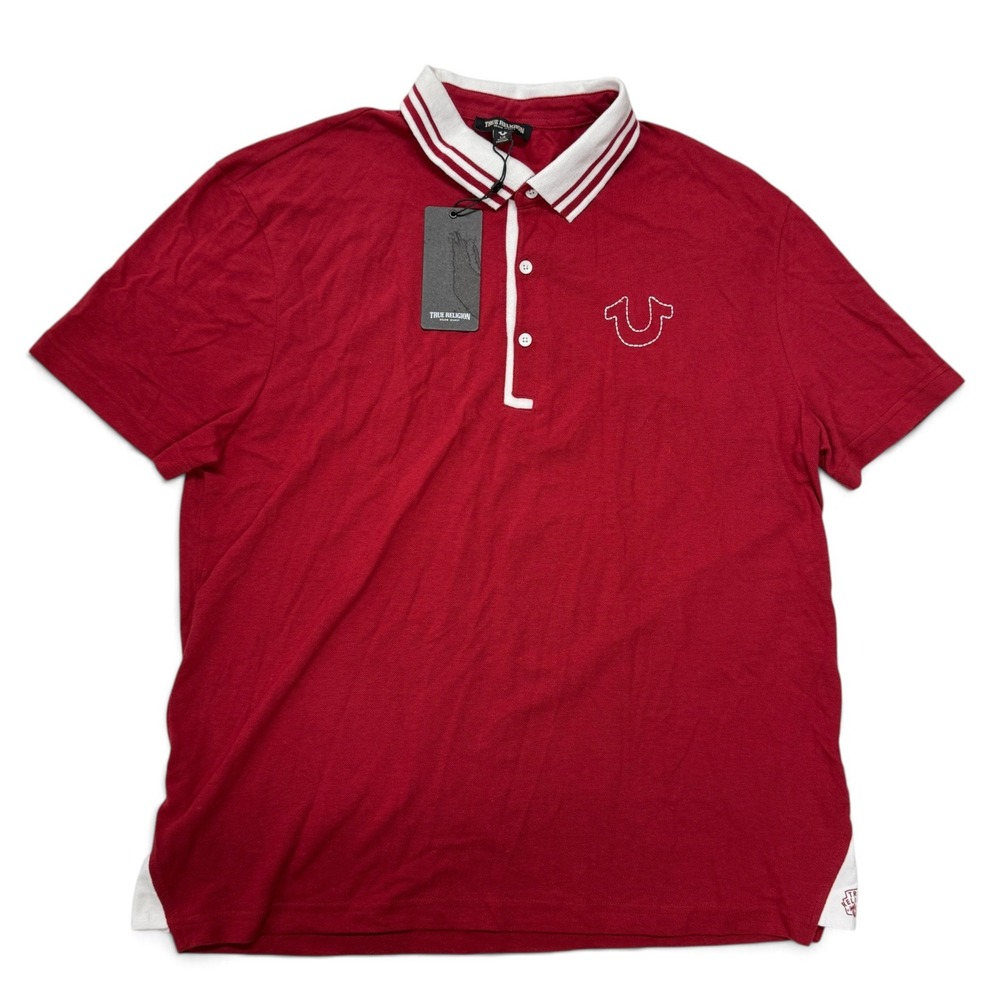 True Religion Gusset Polo Shirt Mens Large Red Dahlia Horseshoe Logo NWT
